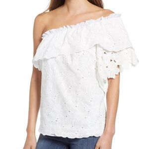 KAS New York Dulia White Floral Eyelet Lace One Shoulder Blouse, Sz S/M